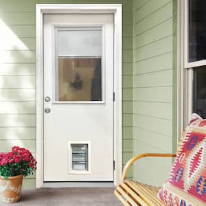 36 in. x 80 in. Reliant Series Clear Mini-Blind LHOS White Primed Fiberglass Prehung Front Door with Med Pet Door
