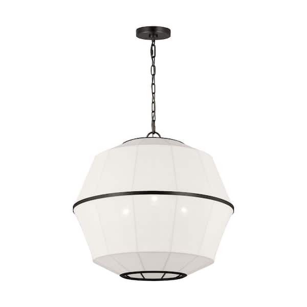 Generation Lighting - Hikari Medium 3-Light Aged Iron Dining Room Pendant Chandelier with White Linen Shade