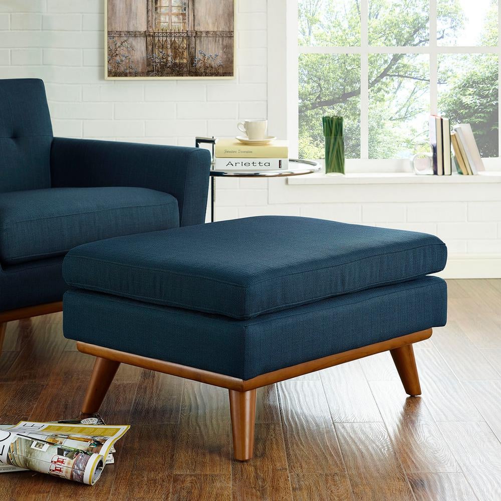 Mid-Century Azure Tufted Fabric Ottoman with Cherry Stained Rubberwood Frame