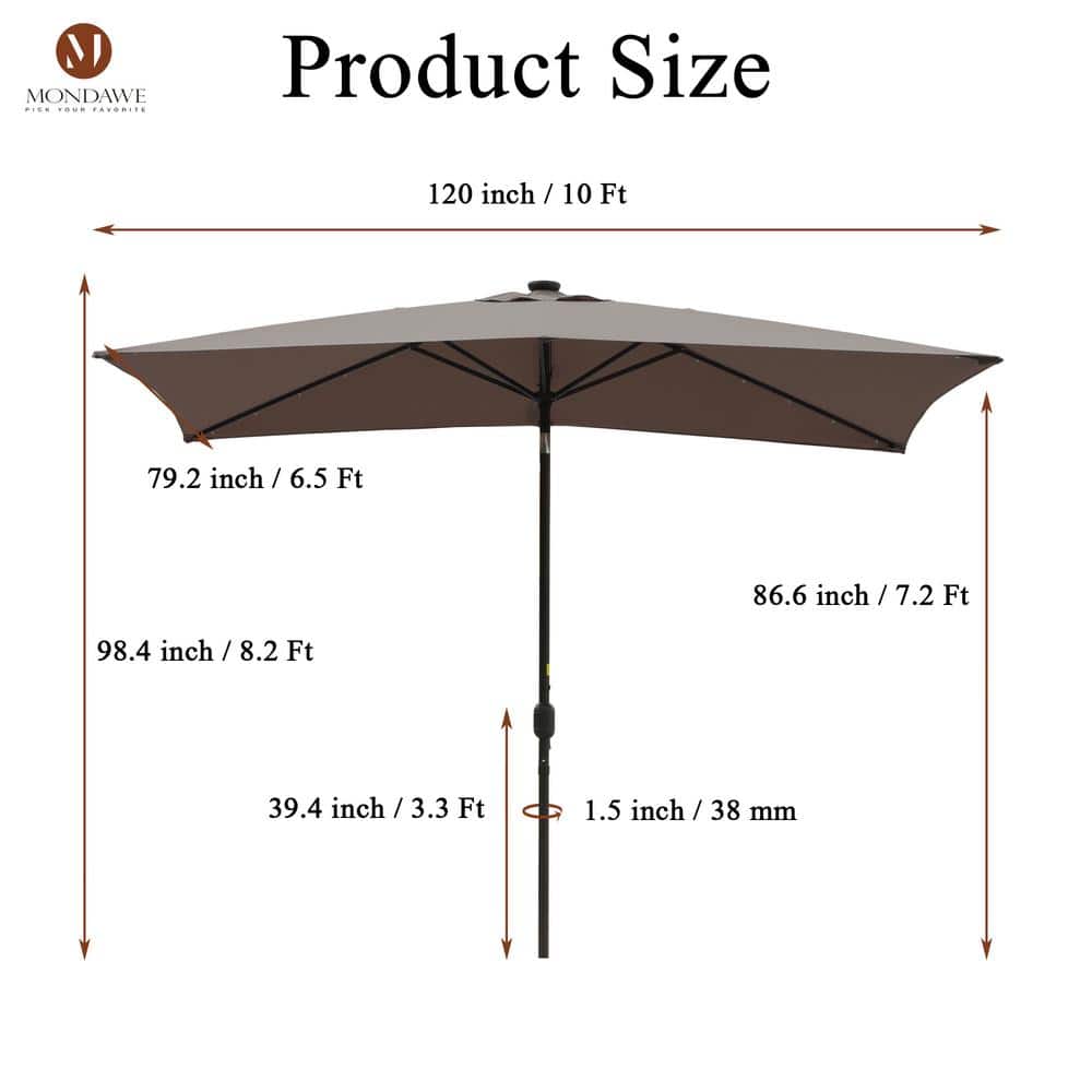 6.5 x 10ft Rectangular Patio Umbrella with 26 Led Lights Outdoor Market Table Umbrella with Push Button Tilt and Crank for Garden(Taupe)
