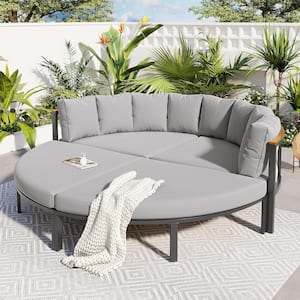 4 Piece Gray Metal Outdoor Day Bed, All Weather Metal Sectional Set with Gray Cushions