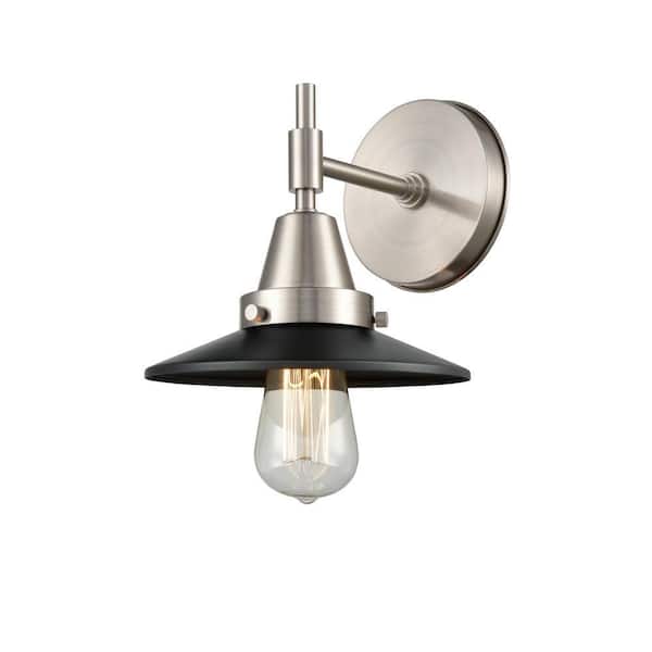 Railroad 1-Light Satin Nickel, Matte Black Wall Sconce with Black Metal Shade