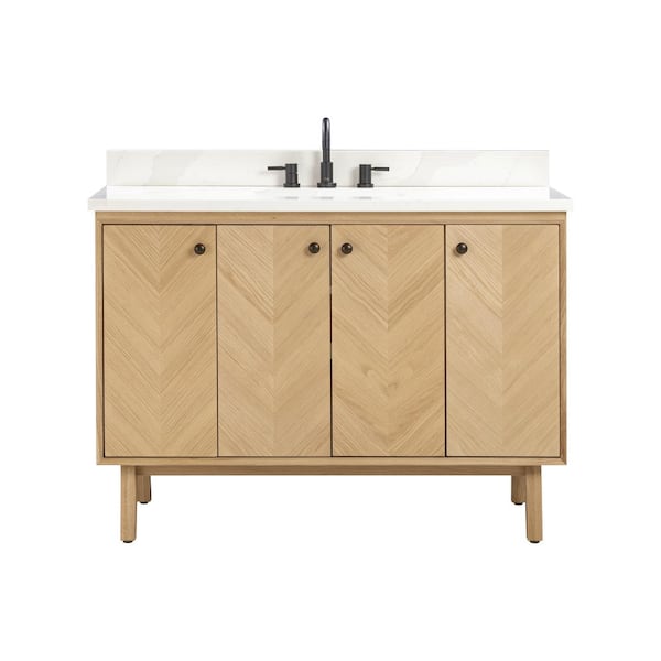 Adele 49 in. Single Sink Natural Oak Bath Vanity with Calacatta White Quartz Top