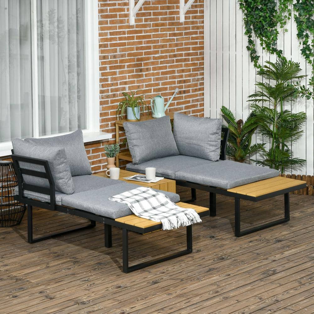 Gray Cushioned Aluminum Outdoor Sectional Set with Woodgrain Table