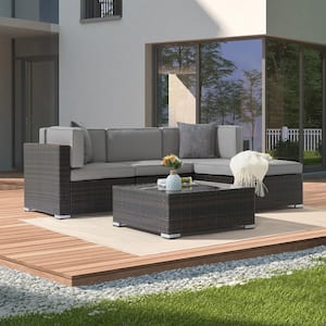 5-Pieces PE Rattan Wicker Outdoor Sectional Conversation Couch Sets All-Weather Sofa Sets with Smoky Grey Cushion