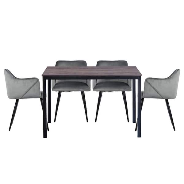 Homy Casa Brandt Aldridge Grey 5 Pieces Rectangle MDF Walnut Top Dining Table Chair Set With 4 Upholstered Dining Chair