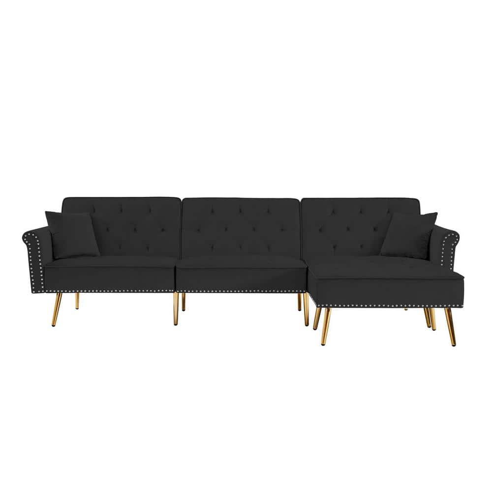JASMODER 110.2 in. W Flared Arm Velvet L Shaped Reclining Sofa in Black