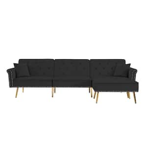 110.2 in. W Flared Arm Velvet L Shaped Reclining Sofa in Black with Nailhead Trim