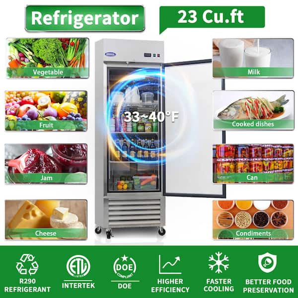 27 in. 23 cu.ft. Auto Defrost Commercial Refrigerator in Stainless Steel with LED Lighting, 3-Shelves, 33℉-40℉