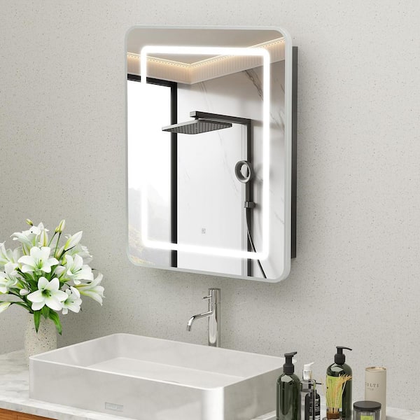 HOMEIBRO 24 in. W x 30 in. H Bright Rectangular Silver Wall Mount LED Lighted Medicine Cabinet with Mirror