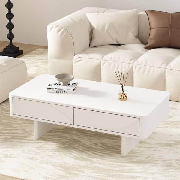 Manhattan Comfort Ella 47.2 in. Modern White Rectangle MDF Coffee Table with 2-Full Extension Drawers