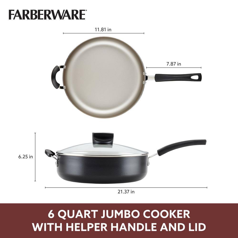 Black Aluminum Nonstick Jumbo Cooker with Lid and Helper Handle, 6 Quart