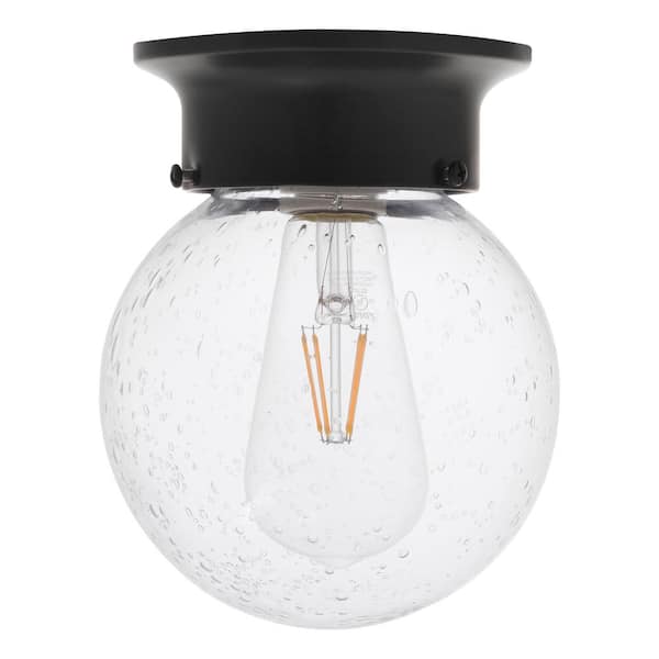 Modern Farmhouse 3-Light Black Flush Mount Light Foyer Drum Ceiling Light  with Clear Seeded Glass Shade and Cage Frame