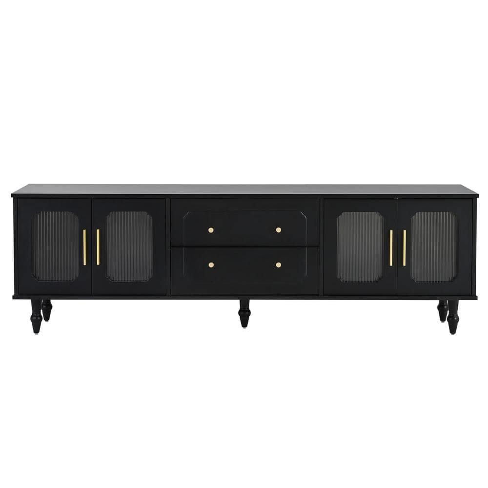 Black Fluted Glass Door TV Stand with Drawers and Cabinets