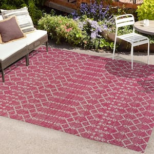 Ourika Moroccan Geometric Textured Weave Fuchsia/Light Gray 3 ft. x 5 ft. Indoor/Outdoor Area Rug