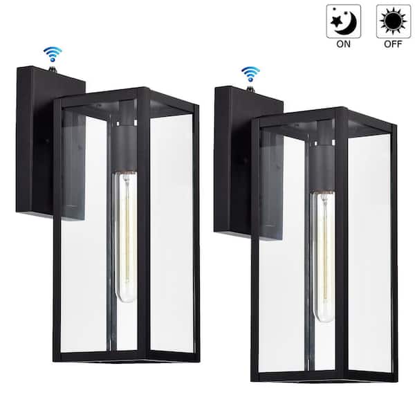 Tatahance 5 in. W 1-Light Outdoor Matte Black Wall Sconce with Dusk to Dawn Sensor and Clear Glass (Set of 2)