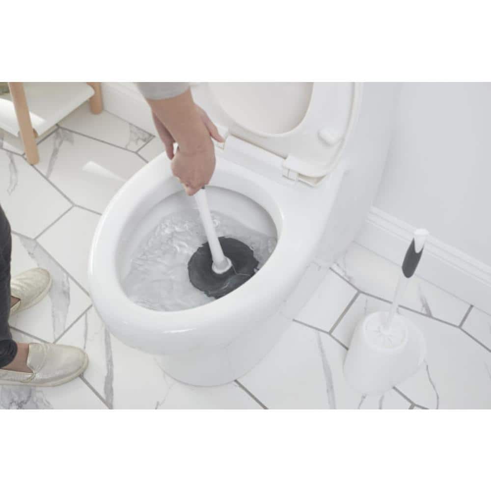 White and Black Toilet Plunger and Brush Set with Caddy