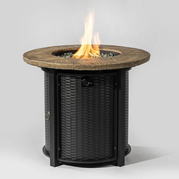 30" Black Metal Round Outdoor Propane Gas Fire Pit Table with Imitation Wood Grain Finish