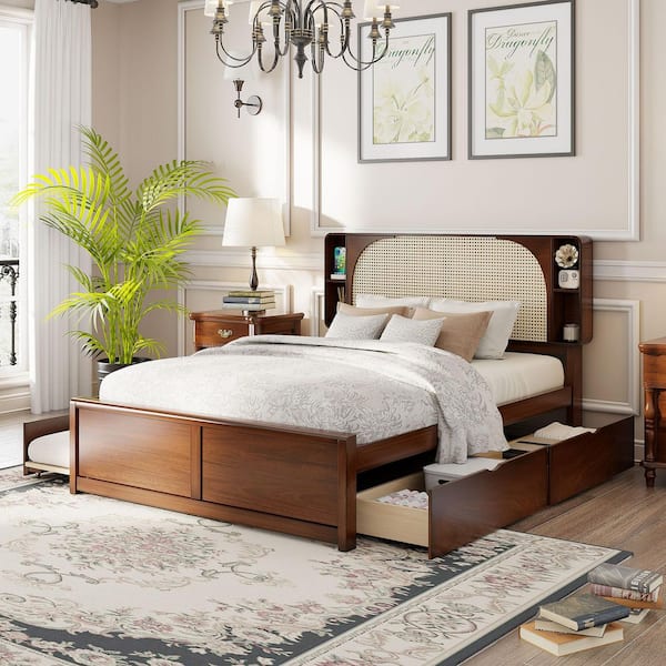Brown Wood Frame Queen Size Platform Bed with Rattan Headboard, Two Drawers and Trundle