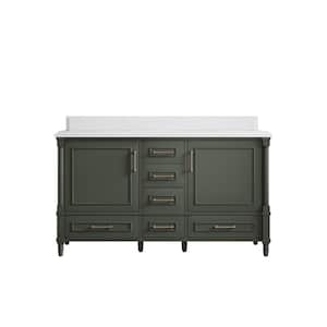 Hudson 60 in. W x 22 in. D x 36 in. H Double Sink Bath Vanity in Pewter Green with Cove Edge White Quartz Top