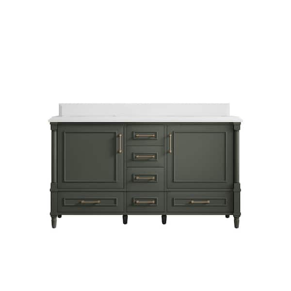 Willow Collections Hudson 60 in. W x 22 in. D x 36 in. H Double Sink Bath Vanity in Pewter Green with Cove Edge White Quartz Top