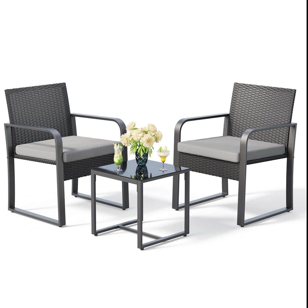 3-Piece Gray Rattan Hand-Woven PE Bistro Set with Table and Cushions for Courtyard, Poolside, and Porch price history on PriceWatchPro