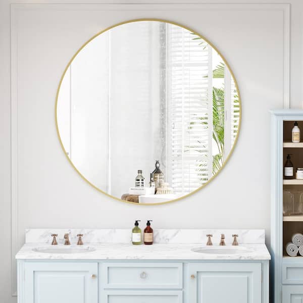 EAKYHOM 42 in. W x 42 in. H Round Metal Framed Wall Mounted Bathroom Vanity Mirror in Matte Gold