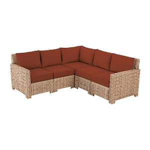 Laguna Point 5-Piece Natural Tan Wicker Outdoor Patio Sectional Sofa with CushionGuard Quarry Red Cushions