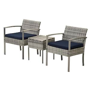 Gray 3-Piece Wicker Patio Conversation Set, Outdoor Rattan Chairs and Table Set with Blue Cushions For Balcony, Garden