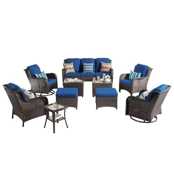 New Kenard Brown 10-Piece Wicker Patio Conversation Set with Navy Blue Cushions and Swivel Rocking Chairs