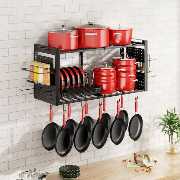 41 in. Wall Mounted Pot Rack with Pots, Pans Organizer, Pot Lid Holder, 20 Hooks for Kitchen Cookware, Utensils, Black