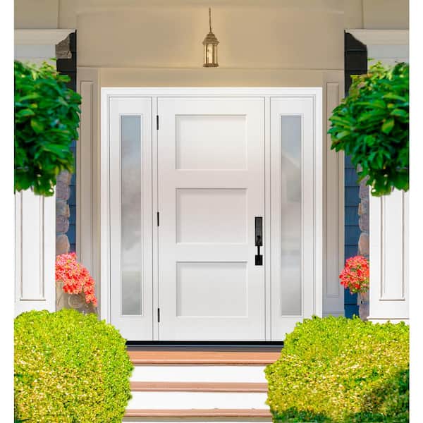 Legacy 64 in. x 80 in. 3P Equal Shaker RHOS Unfinished White Fiberglass Prehung Front Door w/Clear 12 in.SLs 6-9/16 Jamb