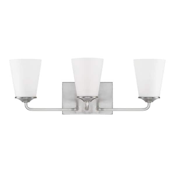 22.5 in. W x 8 in. H x 7 in. E 3-Light Vanity Light in Brushed Nickel with Soft White Glass Shade