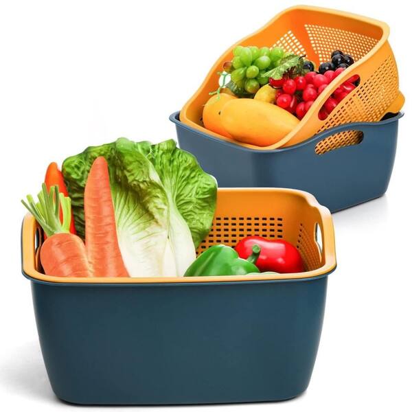 Detachable Double Layer, BPA Free, Large Capacity Food Grade Plastic Kitchen Colander Strainer Bowl Set, 2 Pack