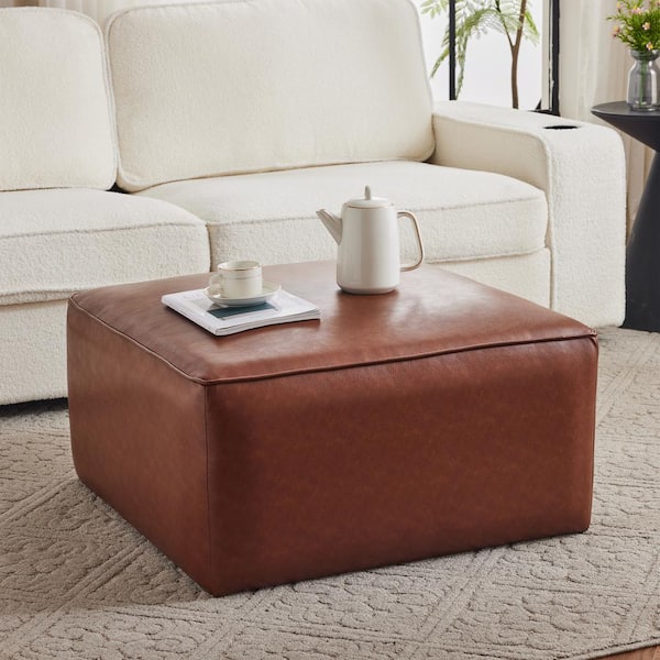 Noble House Light Brown Faux Leather Square Accent Ottomans