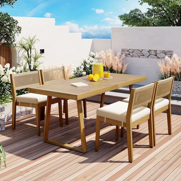 5-Piece Acacia Wood Outdoor Dining Set Patio Table and Chair Set with Beige Cushions