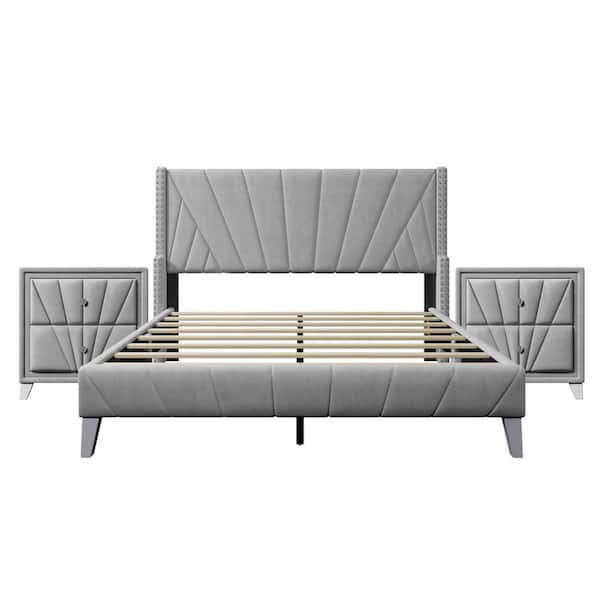 Utopia 4niture Tahlia 3 Pieces Bedroom Sets in Gray (Queen Size Upholstered Platform Bed and Two Nightstand)