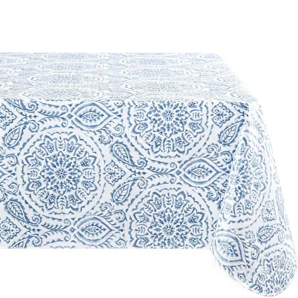 60 in. W x 120 in. L Blue Boho Floral Vinyl Tablecloth