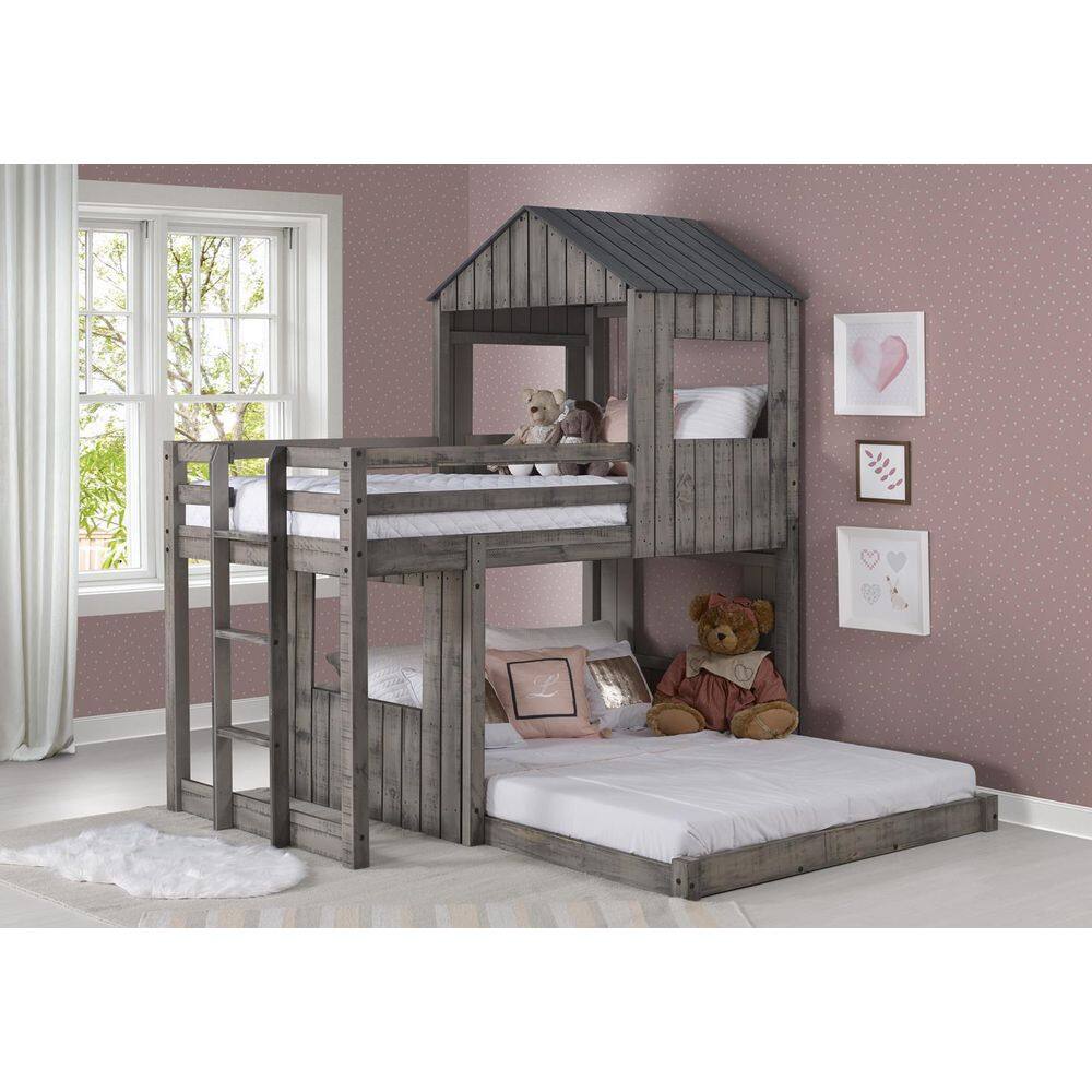 Rustic Gray Pinewood Twin Over Full Loft Bunk Bed with Drawers
