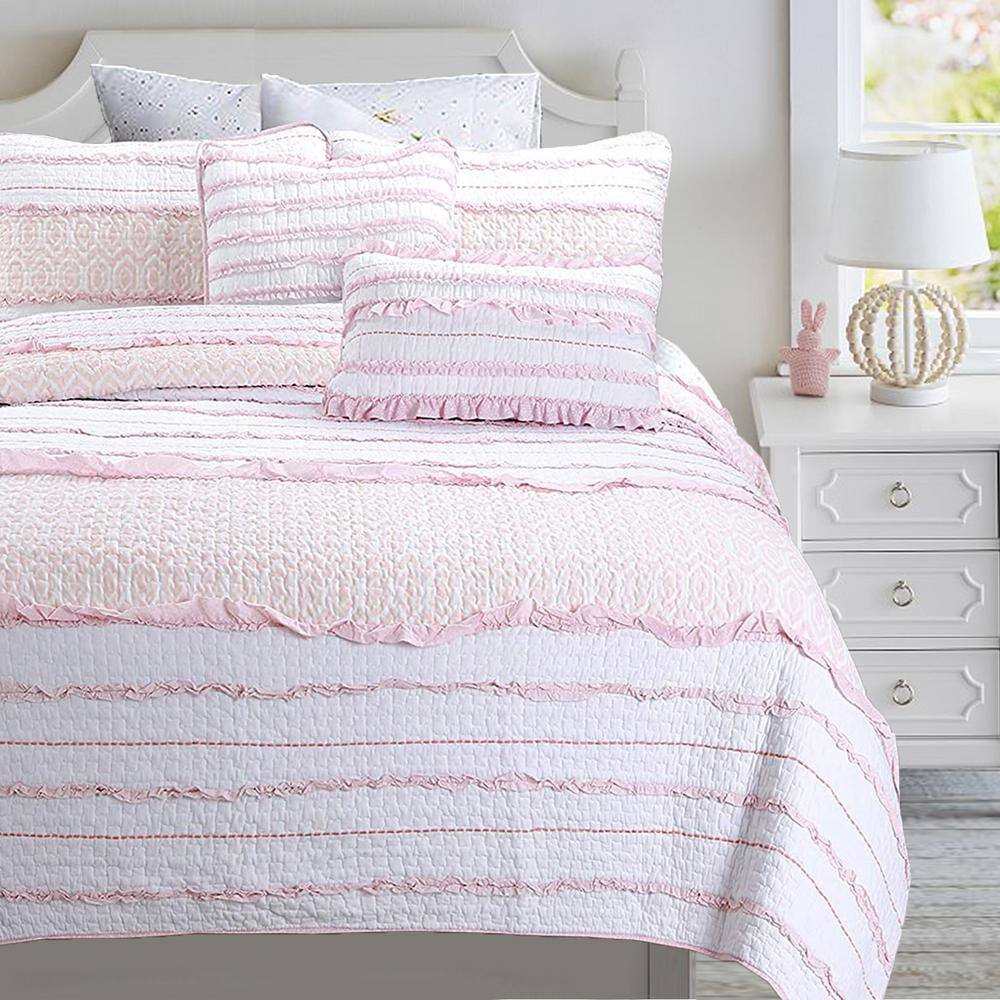 Pink and White Cotton Reversible Twin Quilt Set