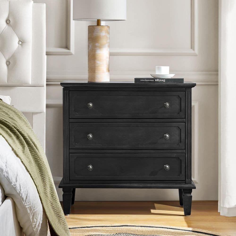 JAYDEN CREATION Leandro Black 3 Drawer 28.3 in. W Nightstand