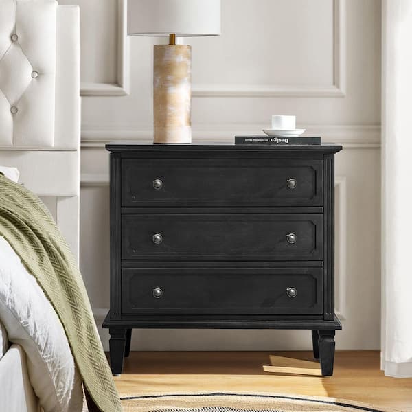 JAYDEN CREATION Leandro Black 3 Drawer 28.3 in. W Nightstand with Built-in Outlet and Solid Wood Legs
