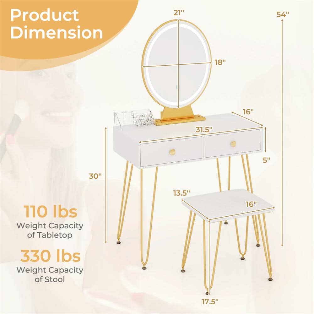 Elegance White Vanity Makeup Dressing Table Set with 3 Lighting Modes & Touch Mirror