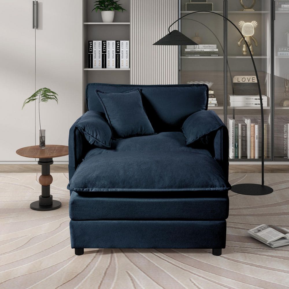 Cary 2-Piece Blue Upholstered Chenille Oversized Arm Chair and Ottoman Set with Pillows, Storage Pockets