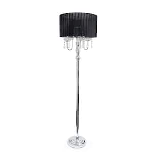 62 in. Chrome Contemporary Glamorous Cascading Crystal Floor Lamp with Black Fabric Shade