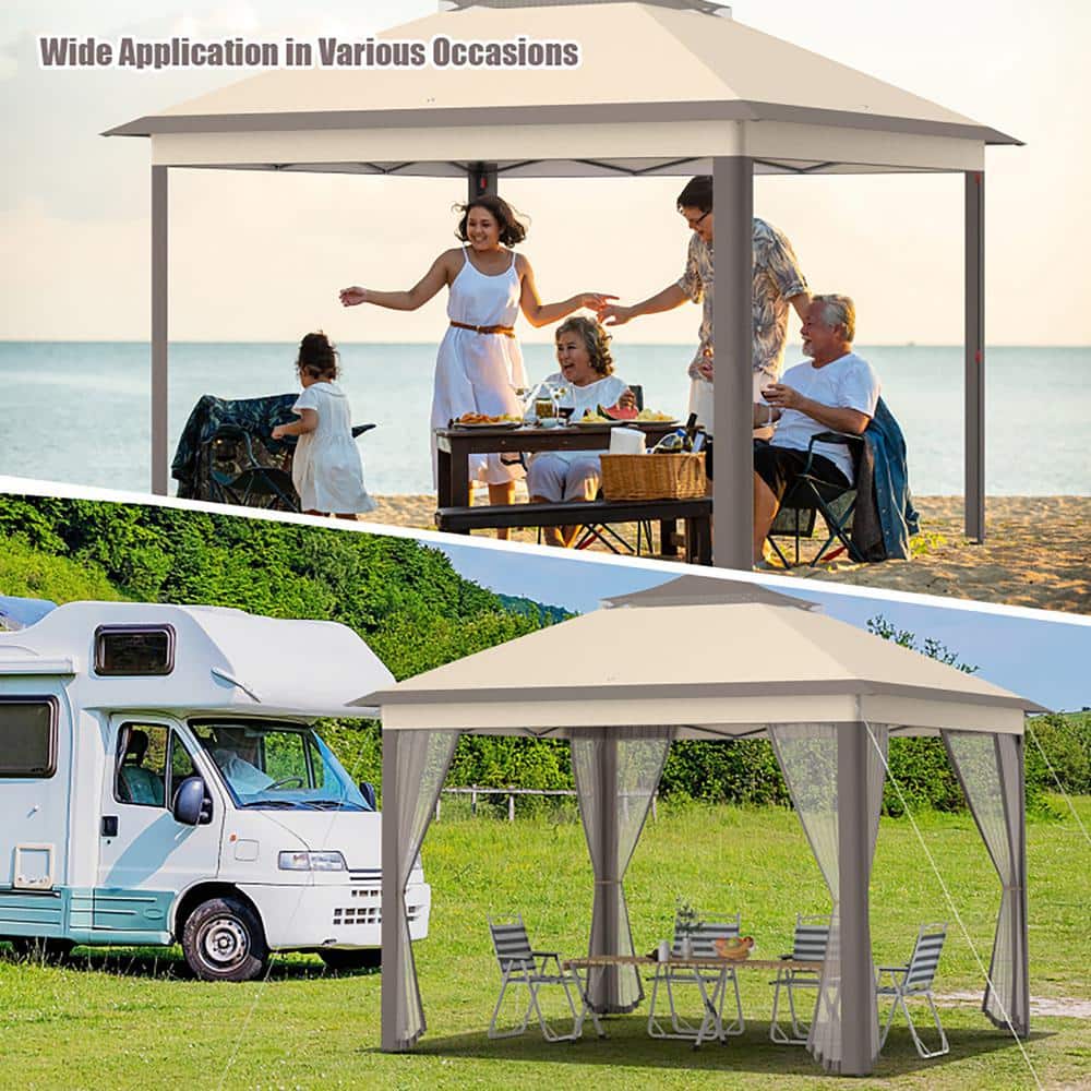 Beige and Brown 11'x11' 2-Tier Pop-Up Gazebo Tent with Mesh