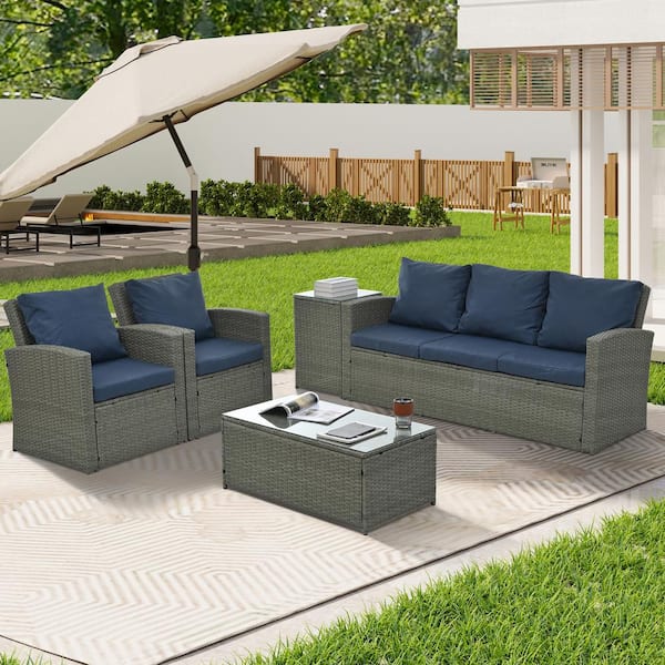 JimsMaison 5-Piece PE Rattan Wicker Patio Conversation Set With Light Blue Cushions