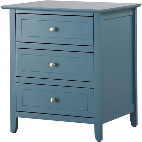 Cool Blue Finish, 3 Drawers Nightstand