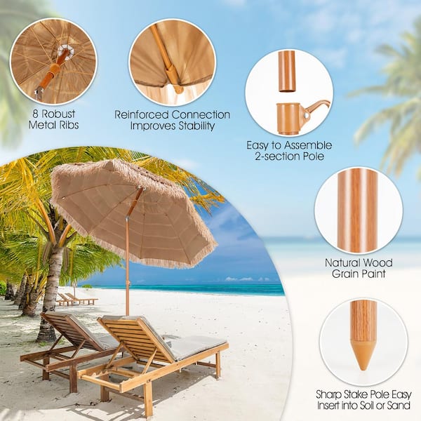 Costway 7.2 ft. Metal Tilt Patio Thatched Tiki Beach Umbrella with 