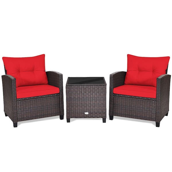 Gymax 3-Pieces Rattan Outdoor Patio Conversation Set with Coffee Table, Red Cushion